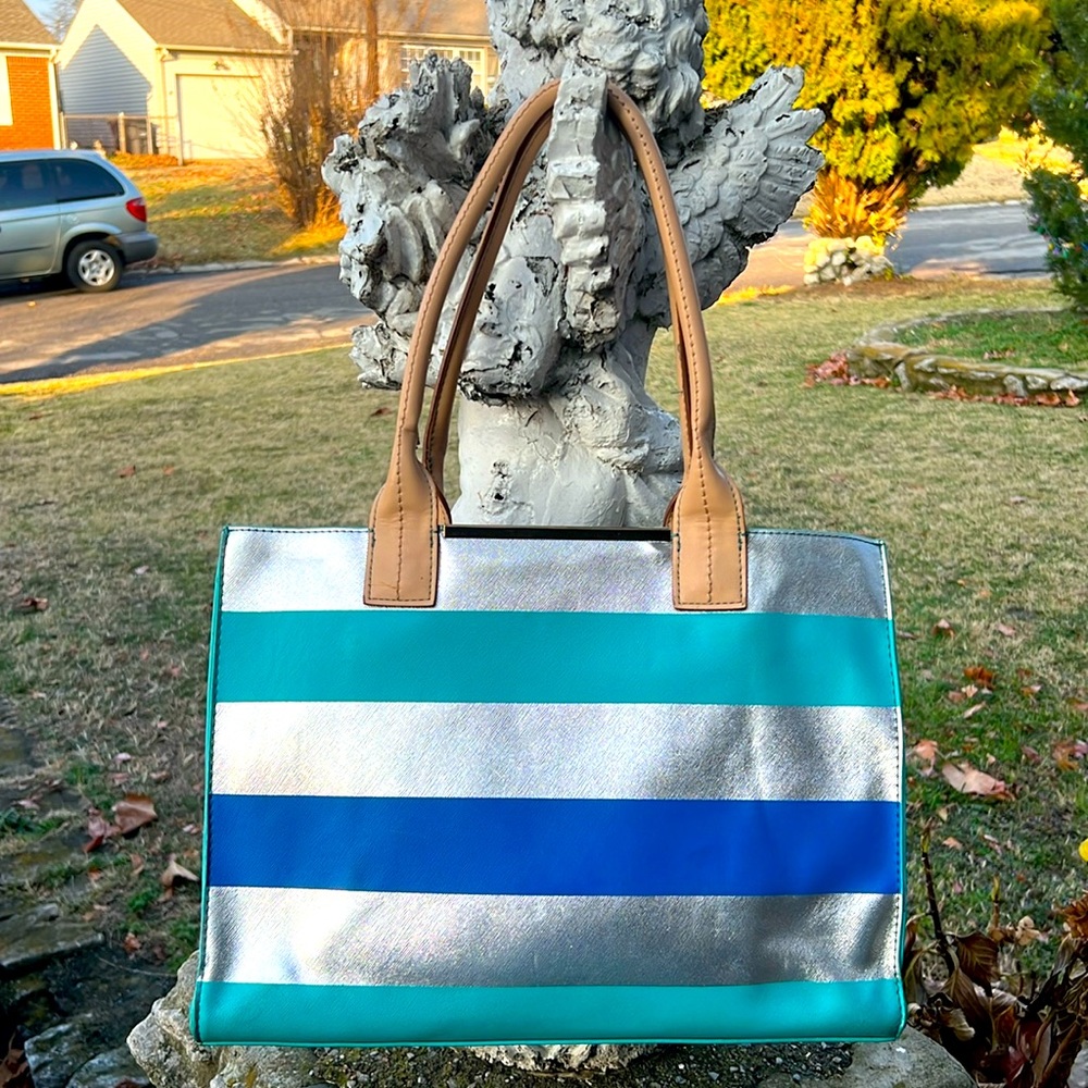 EUC Kate Landry Turquoise Silver Blue Striped Tote